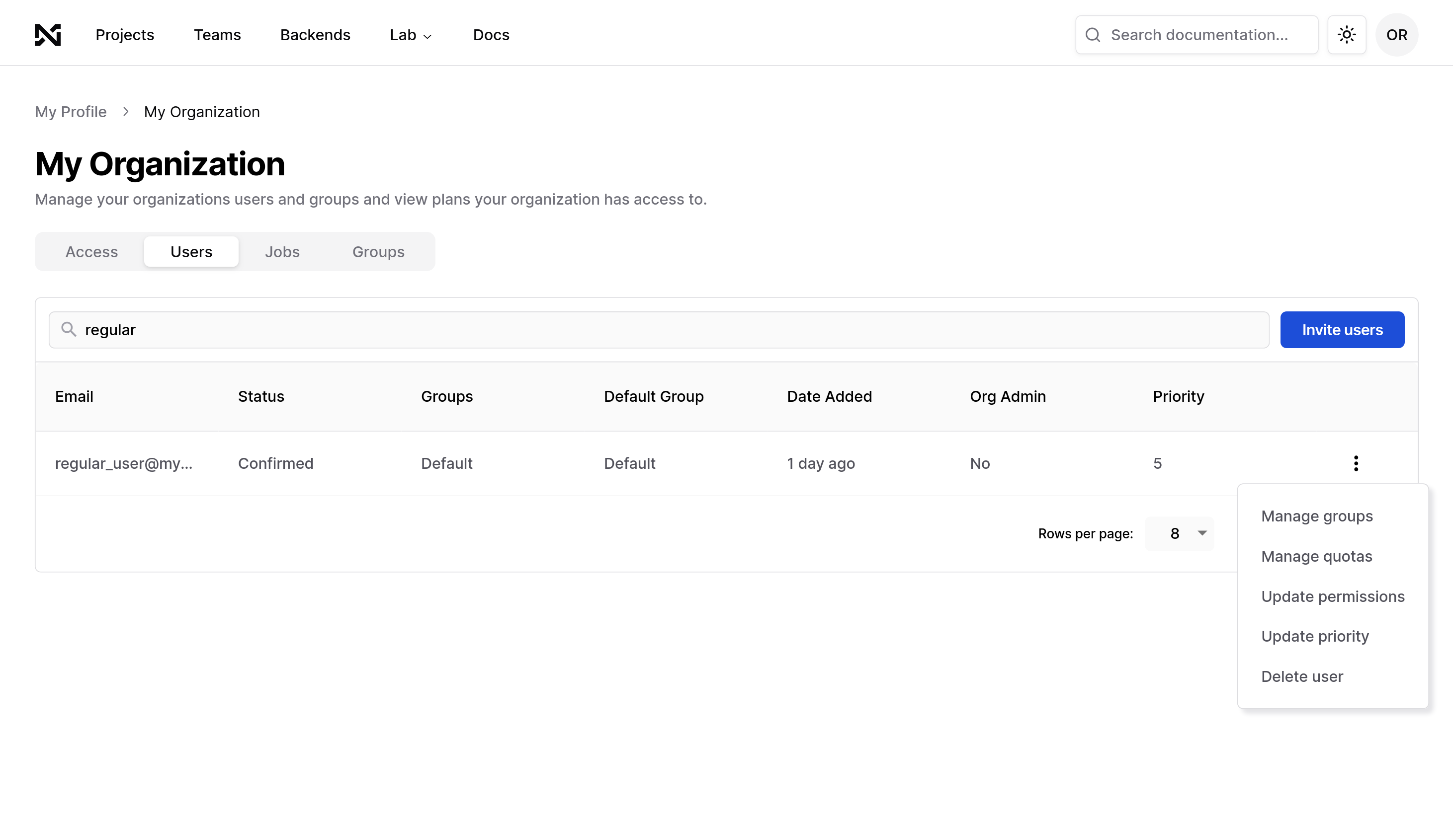 User actions in the Users tab of the organization details page